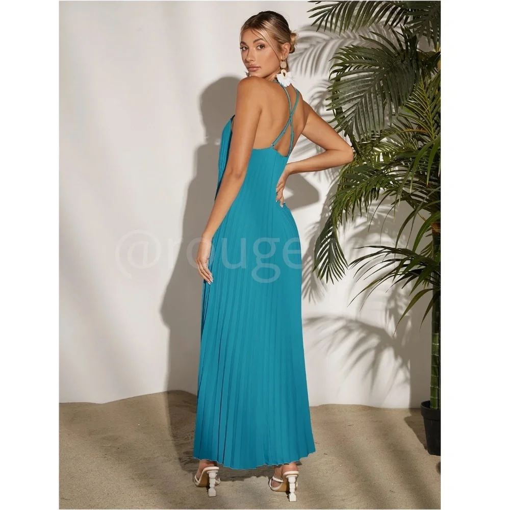 Blue Pleated A-Line Maxi Dress Criss Cross Back Straps - Picture 3 of 8